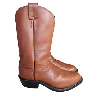 Olathe Boot Company Vintage Tan Cowboy Boots with Almond Toe and Stacked Heel